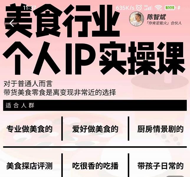 美食行业个人IP实操课，对于普通人而言，带货美食零食是离变现非常近的选择-刀客资源网