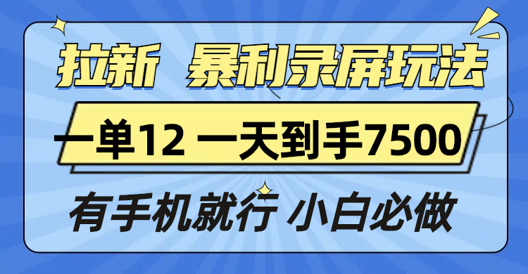 拉新暴利录屏玩法，一单12块，一天到手7500，有手机就行-刀客资源网