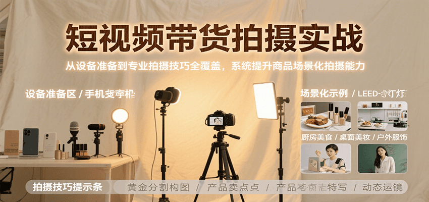 短视频带货拍摄实战，从设备准备到专业拍摄技巧全覆盖，系统提升商品场景化拍摄能力-刀客资源网