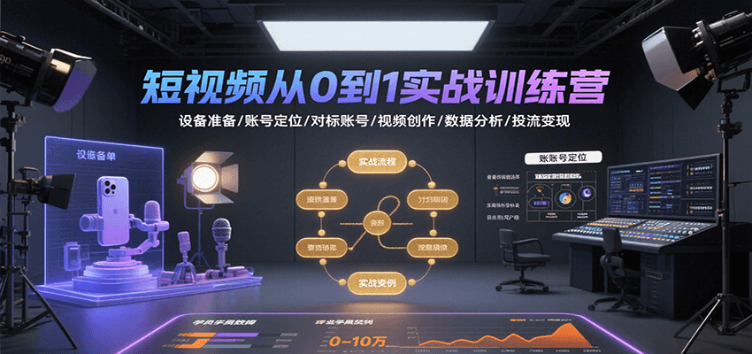 短视频从0到1实战训练营：设备准备/账号定位/对标账号/视频创作/数据分析/投流变现-刀客资源网