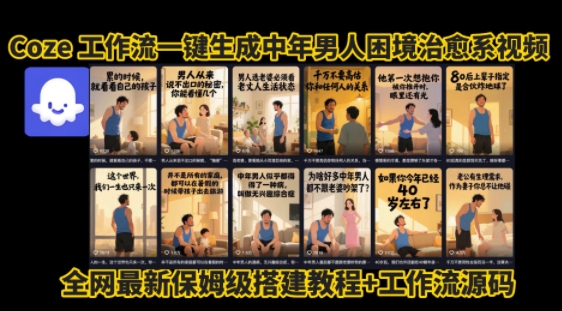 coze工作流一键生成”中年男人困境扎心高涨粉高播放量图文视频”保姆级拆解教程，无需剪辑，无需拍摄写文案-刀客资源网