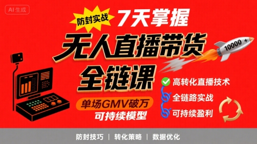 无人直播带货全链防封实战课，7天掌握高转化直播技术，实现单场GMV破万可持续模型-刀客资源网