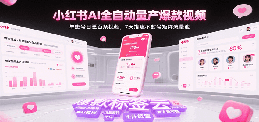 小红书AI全自动量产爆款视频，单账号日更百条视频，7天搭建不封号矩阵流量池-刀客资源网
