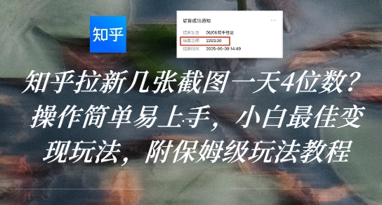 知乎拉新几张截图一天4位数？操作简单易上手，小白最佳变现玩法，附保姆级玩法教程-刀客资源网