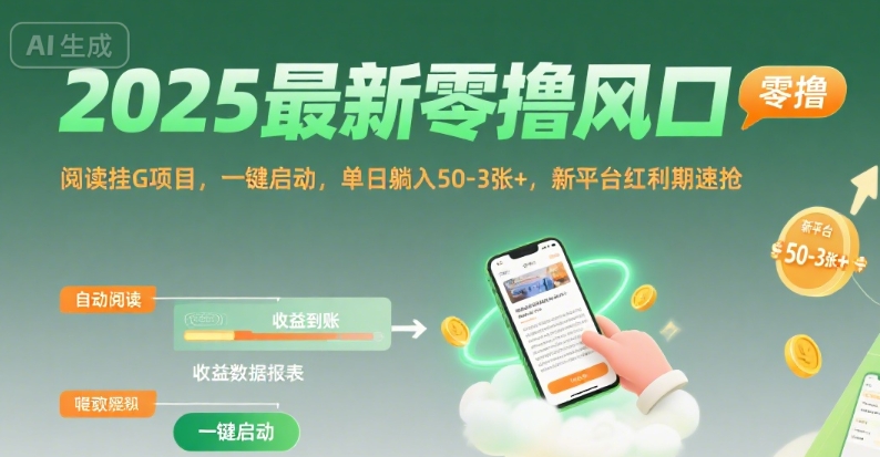 2025最新零撸风口，阅读挂G项目，一键启动，单日躺入 50-3张+，新平台红利期速抢【揭秘】-刀客资源网