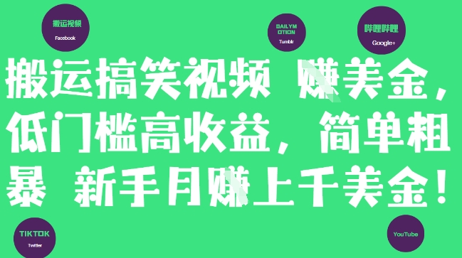 搬运搞笑视频挣美金，低门槛高收益，简单粗暴新手月入上千美刀-刀客资源网