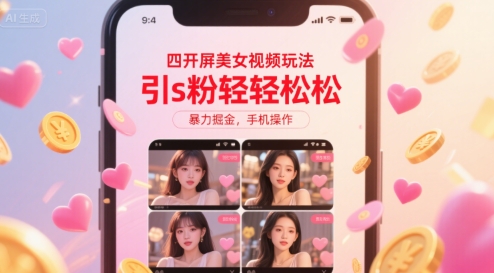 四开屏美女视频玩法，引s粉轻轻松松，暴力掘金，手机操作【揭秘】-刀客资源网