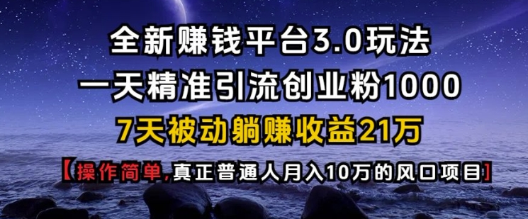 全新赚钱平台3.0玩法一天精准引流创业粉1000.7天被动躺Z收益21W【仅揭秘】-刀客资源网