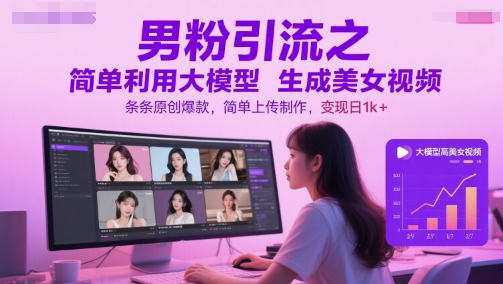 男粉引流之简单利用大模型生成美女视频，条条原创爆款，简单上传制作，变现日1k+-刀客资源网