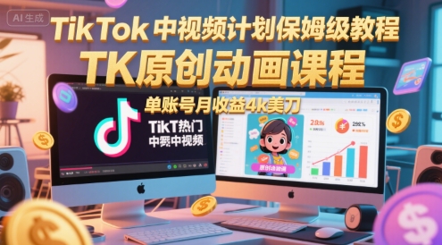TikTok中视频计划保姆级教程，TK原创动画课程，单账号月收益4k美刀-刀客资源网