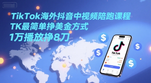 TikTok海外抖音中视频陪跑课程，TK最简单挣美金方式，1万播放挣8刀-刀客资源网