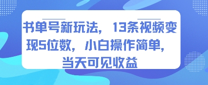 书单号新玩法，13条视频变现5位数，小白操作简单，当天可见收益-刀客资源网