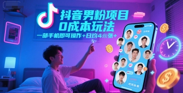 抖音男粉项目0成本玩法，一部手机即可操作，日均4张+，时间自由-刀客资源网
