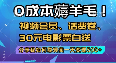 0成本薅羊毛!视频会员、话费卷、30元电影票白送，分享我如何靠转卖一天变现5张+【揭秘】-刀客资源网